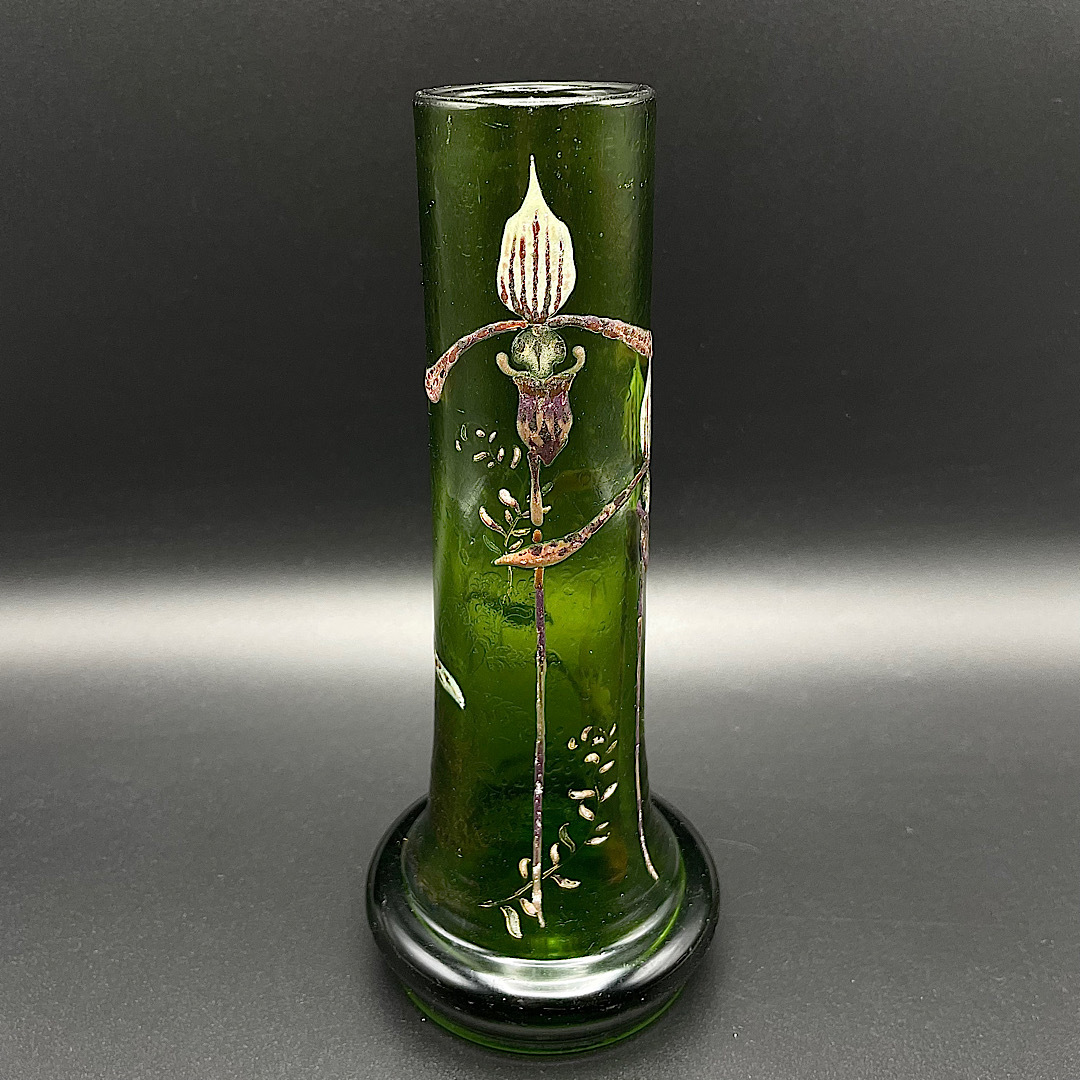 ◆希少品◆ エミールガレ 蘭とヒトヨタケ文花瓶 エナメル彩 ひとよ茸 Emile Galle 1890～1900年 アンティークガラス アールヌーボー