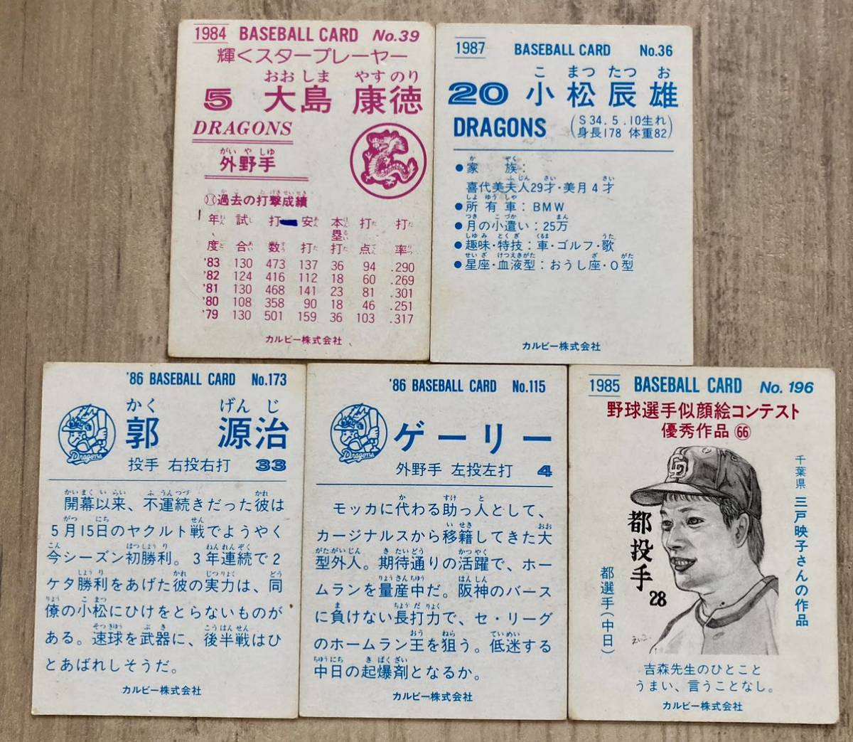 昭和！カルビー　プロ野球チップス　中日　84年 大島康徳　86年 郭源治　ゲーリー　都裕次郎　87年 小松辰雄　5枚セット_画像2