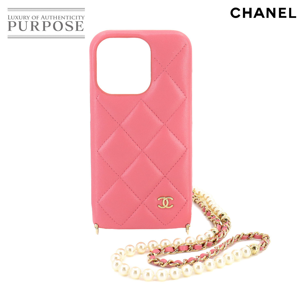 未使用 展示品 シャネル CHANEL マトラッセ iPhone 14 PRO スマホ ケース パール ロング チェーン レザー ピンク AP3556 90214139