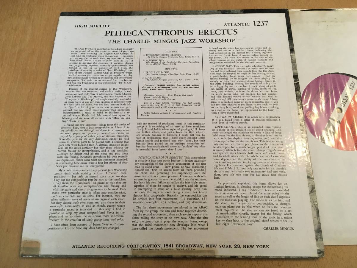 ◎US初期MONO 1962-5年頃赤紫 Charlie Mingus Jazz Workshop / Pithecanthropus Erectus / 直立猿人 Jackie Mclean Mal Waldron モノラルの画像5