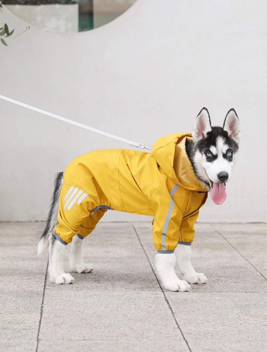 イエローL 犬用レインコート レインポンチョ 防水コート フード付き 夜間反射