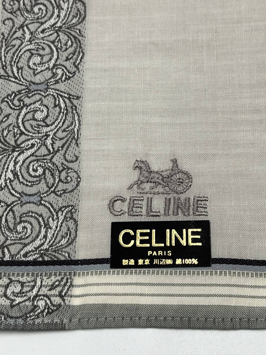 【未使用品】CELINE セリーヌ ハンカチ バンダナ ラグジュアリー柄 ブラウン系 ロゴ刺繍 綿100％ メンズ