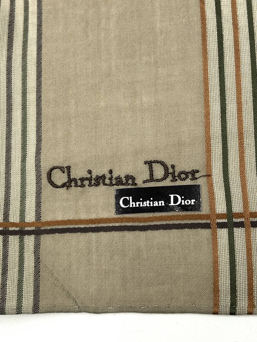 【未使用品】Christian Dior クリスチャンディオール ハンカチ バンダナ ストライプ柄 カーキ系 ロゴ刺繍ブラウン 綿100％ メンズ