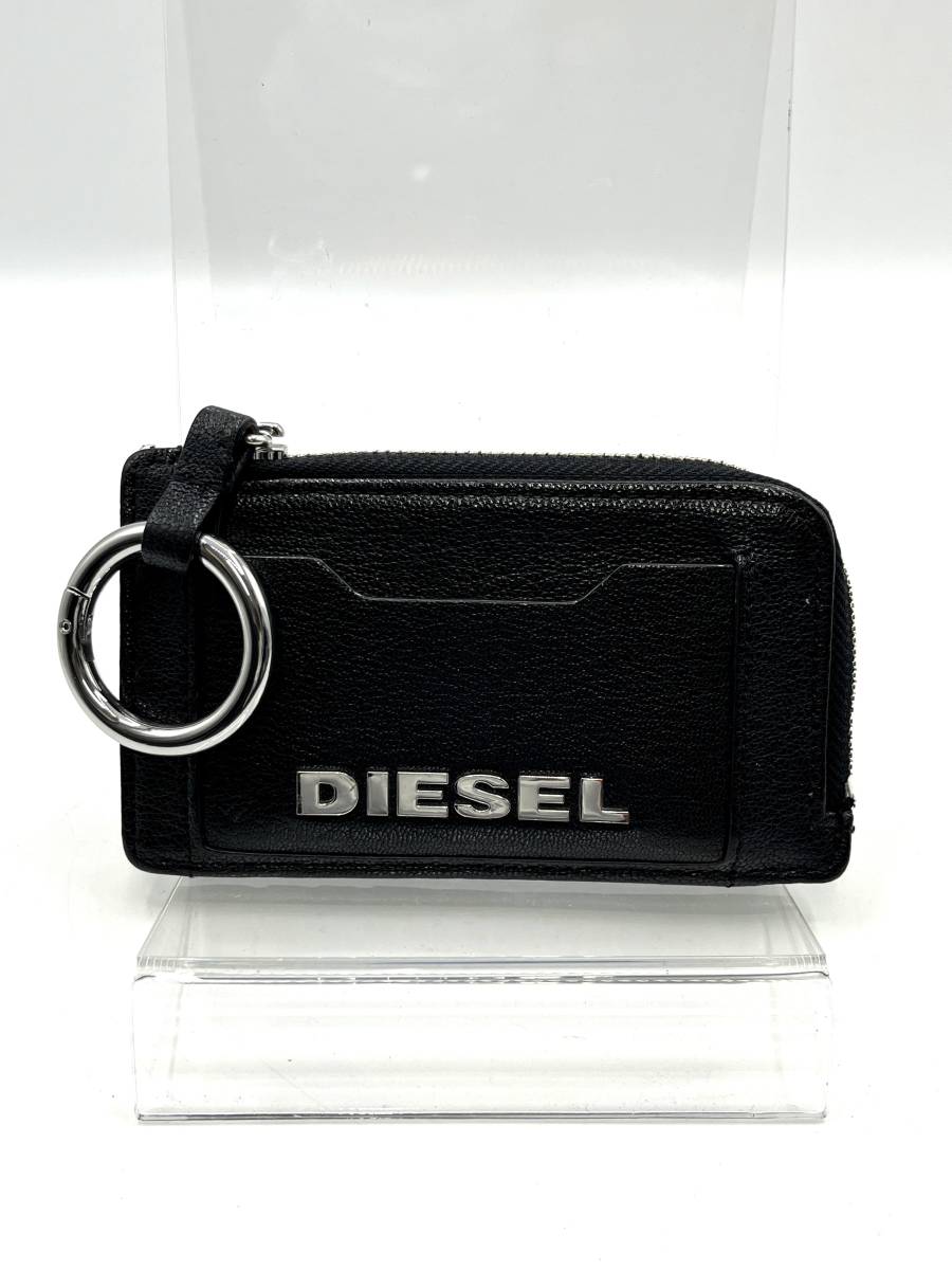 DIESEL ディーゼル コインケース L字ファスナー ブラック×シルバー ロゴ カードポケット付き レザー