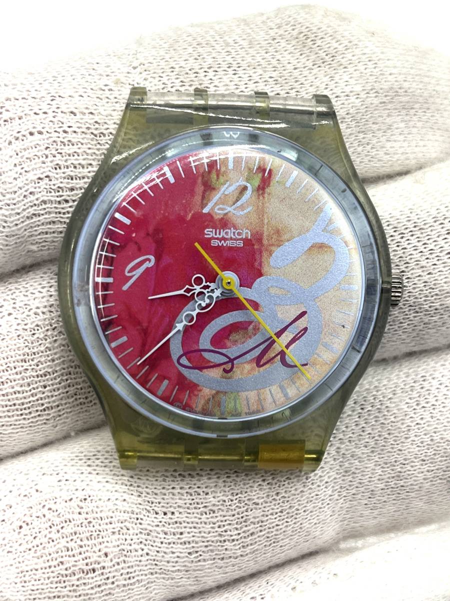 【電池切れ/ベルトジャンク】SWATCH スウォッチ クォーツ 腕時計 ピンク文字盤 裏スケ 花柄 フラワー ボーイズサイズ