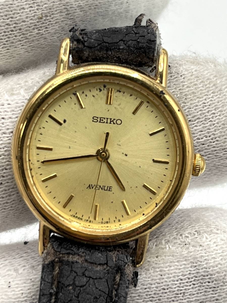 【電池切れ/ベルトジャンク】SEIKO セイコー AVENUE アベニュー クォーツ 腕時計 ゴールド文字盤 ラウンド レディース 1F21-0C40