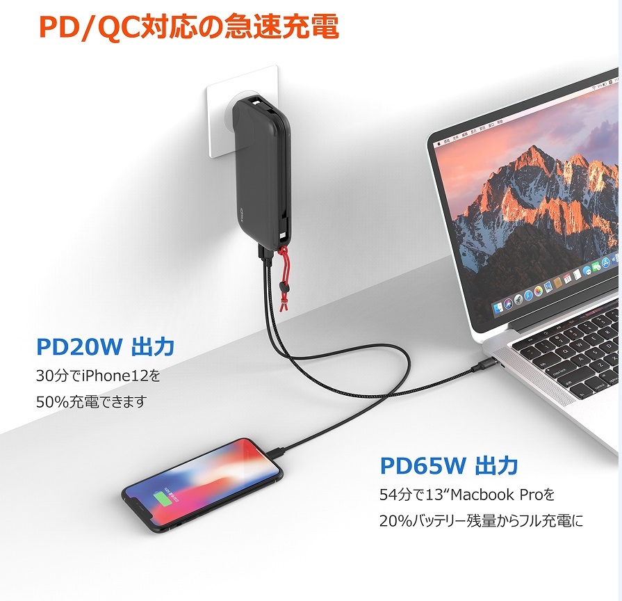 IDMIX モバイルバッテリー 20000mAh 大容量 65W 充電器 30W Type-C出力 コンセント一体型 スマホ充電器 USB-A+Type-C 2台同時充電 _画像3