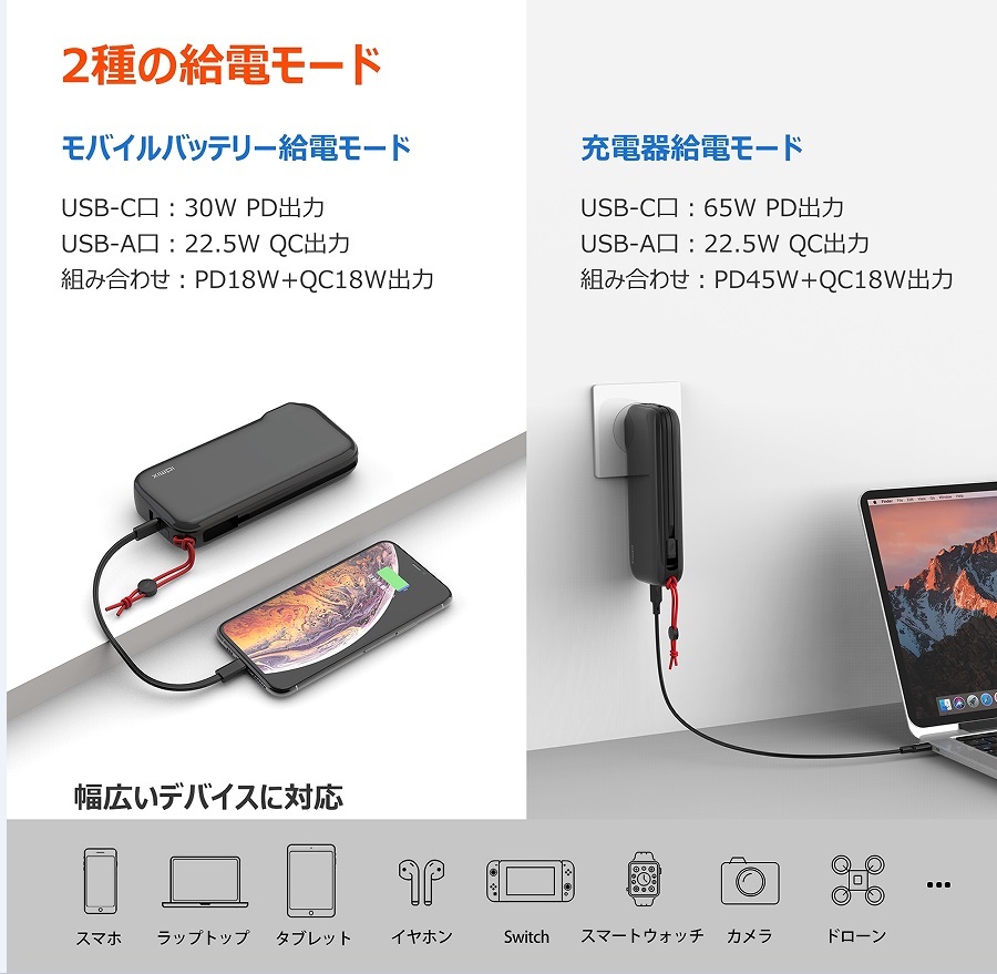 IDMIX モバイルバッテリー 20000mAh 大容量 65W 充電器 30W Type-C出力 コンセント一体型 スマホ充電器 USB-A+Type-C 2台同時充電 _画像6