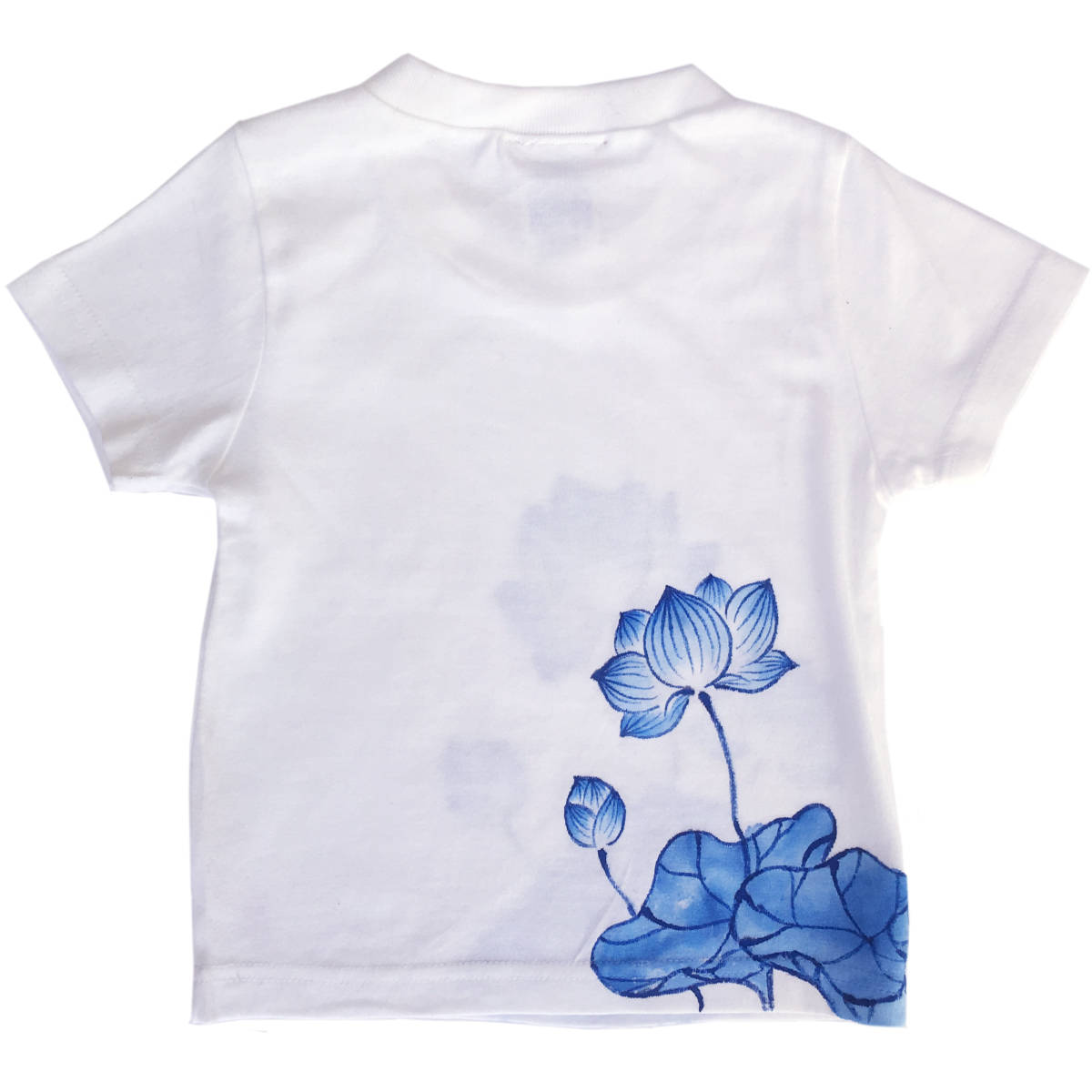 キッズ Tシャツ 130サイズ ホワイト 蓮柄Tシャツ 手描きで描いた蓮の花柄Tシャツ 半袖 和柄 和風 レトロ ハンドメイド