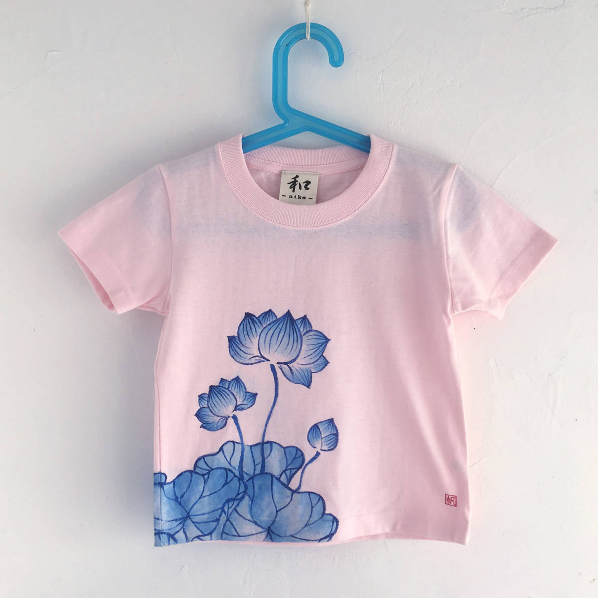 キッズ Tシャツ 140サイズ ピンク 蓮柄Tシャツ 手描きで描いた蓮の花柄Tシャツ 半袖 和柄 和風 レトロ ハンドメイド