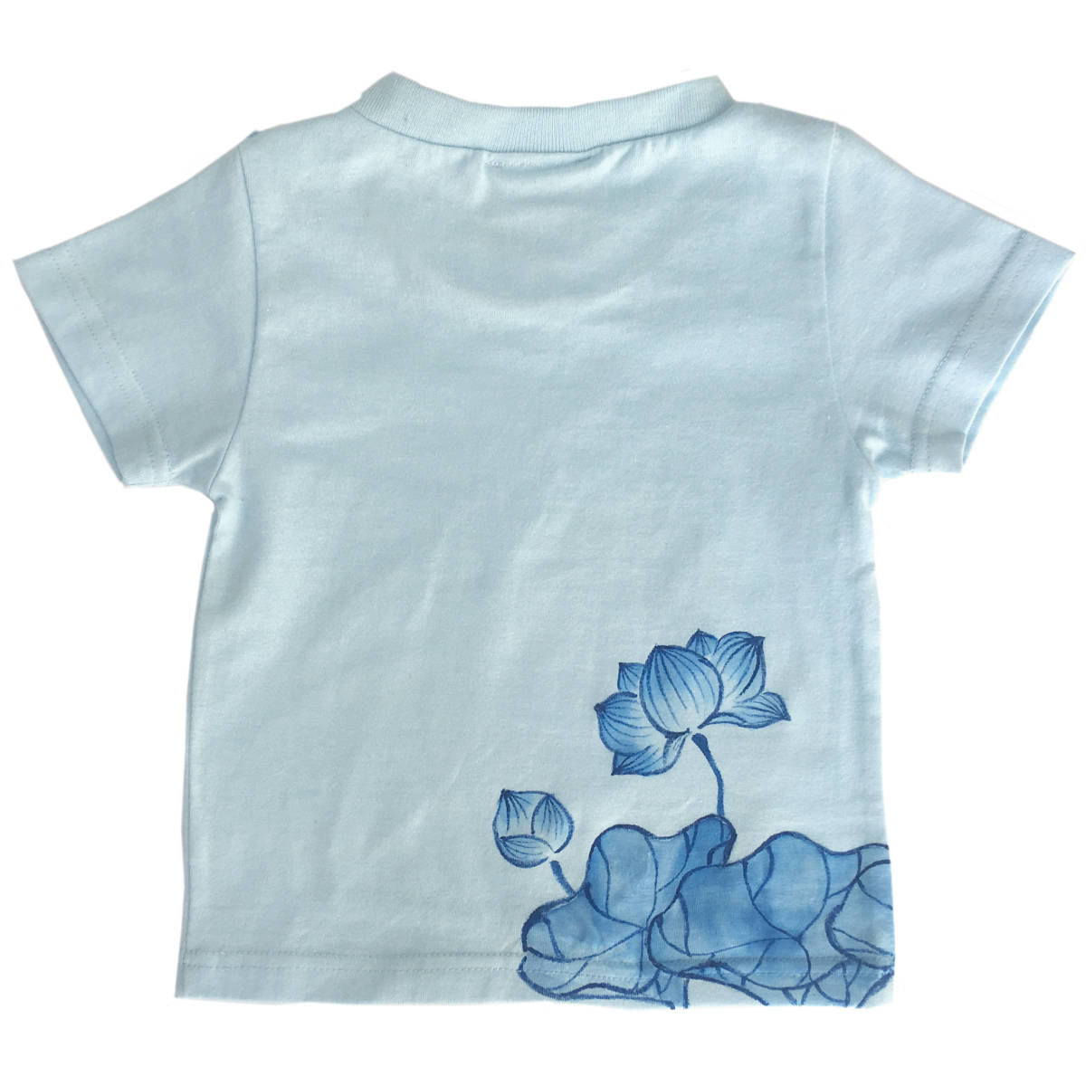 キッズ Tシャツ 110サイズ ブルー 蓮柄Tシャツ 手描きで描いた蓮の花柄Tシャツ 半袖 和柄 和風 レトロ ハンドメイド