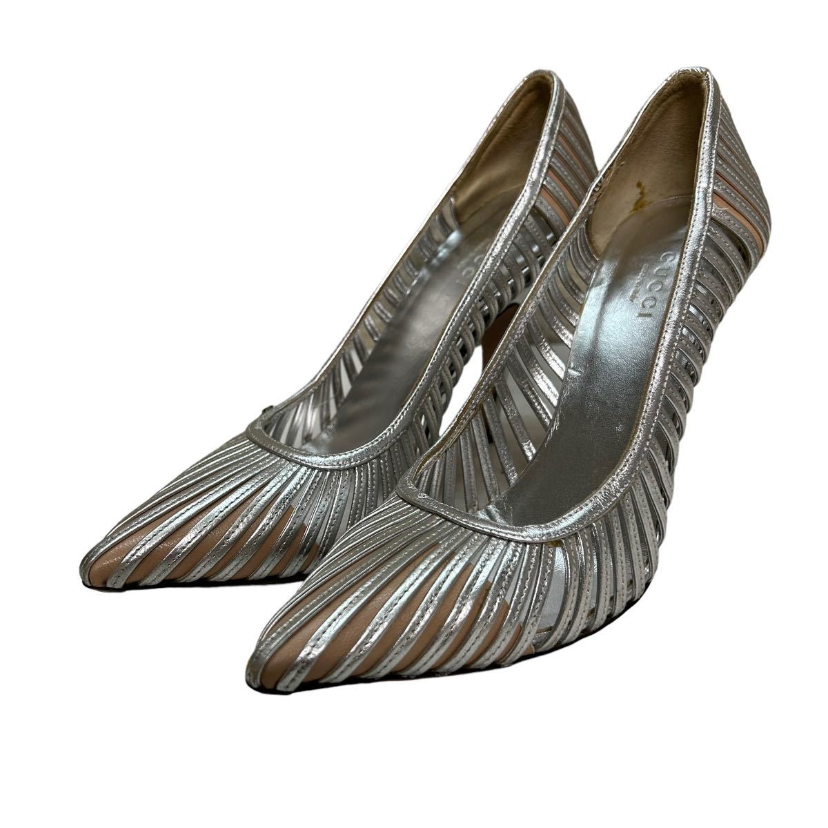 BB837 GUCCI Gucci женский туфли-лодочки 37C примерно 23.5cm серебряный кожа Италия производства 
