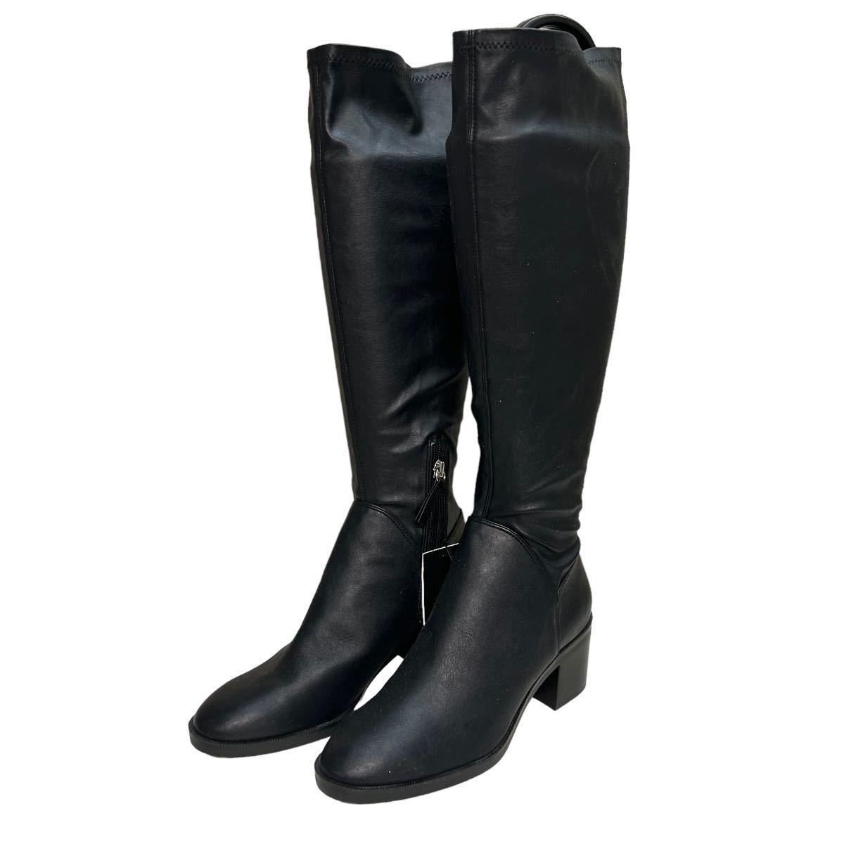 BC320 unused ZARA BASIC Zara Basic long boots 37 approximately 23.5cm black fake leather side Zip beautiful goods stretch tag attaching 