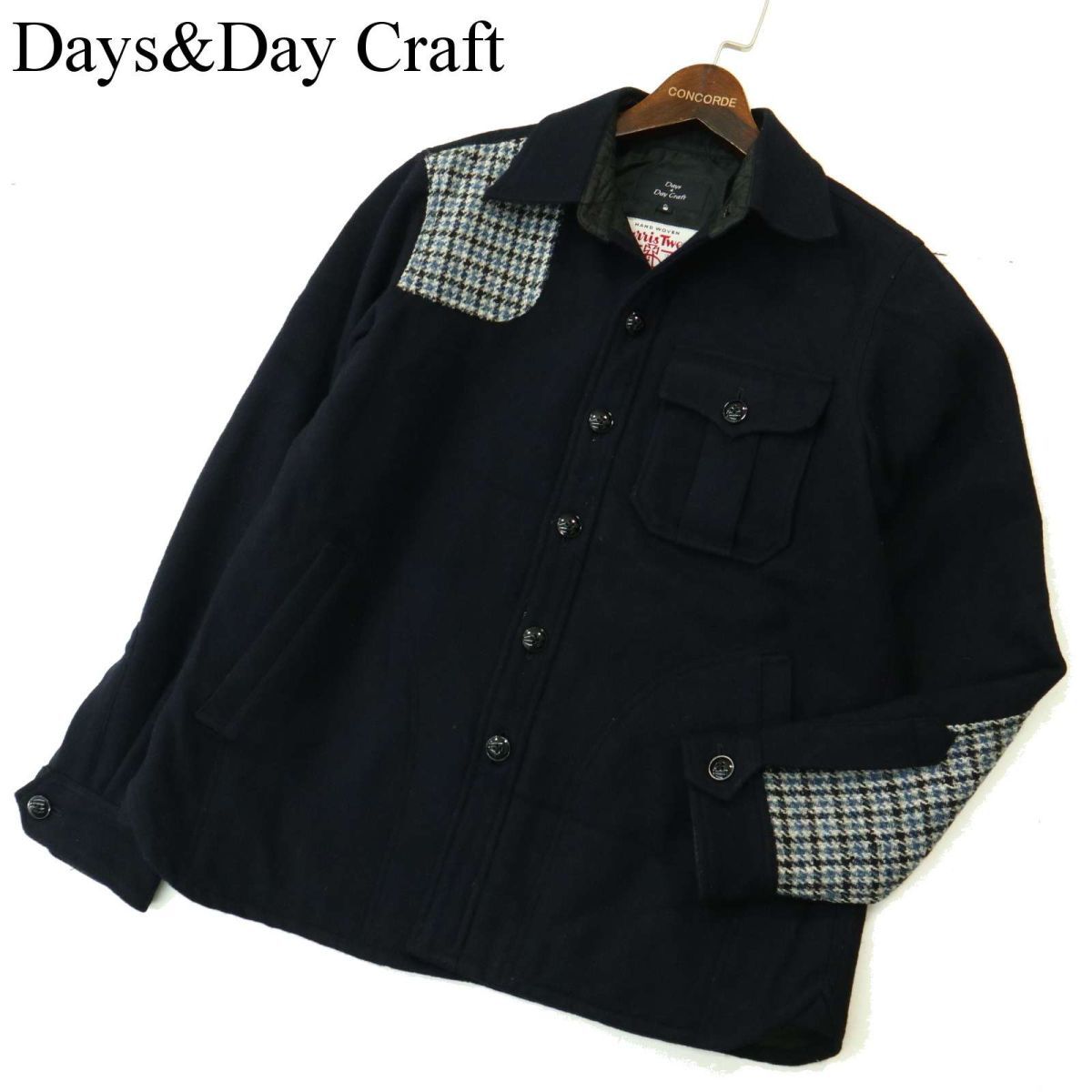 Days & Day Craft デイズアンドデイクラフト × ハリスツイード ウール 切替 CPO シャツ ジャケット Sz.S　メンズ 紺 日本製　A3T15540_C#B_画像1