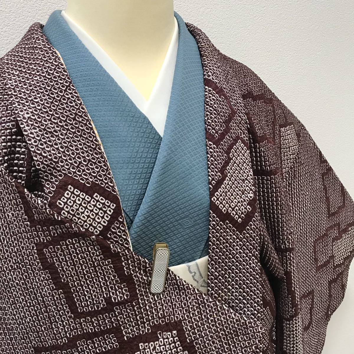 [コート]羽織 美品 正絹 茶紫色 総鹿の子絞り ブロック模様 羽織紐 袷 リサイクル着物 kimono japan