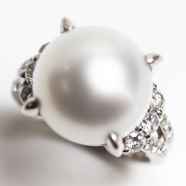 Pt900 platinum ring * ring pearl approximately 14mm diamond 0.70ct 14 number 16.2g lady's used 