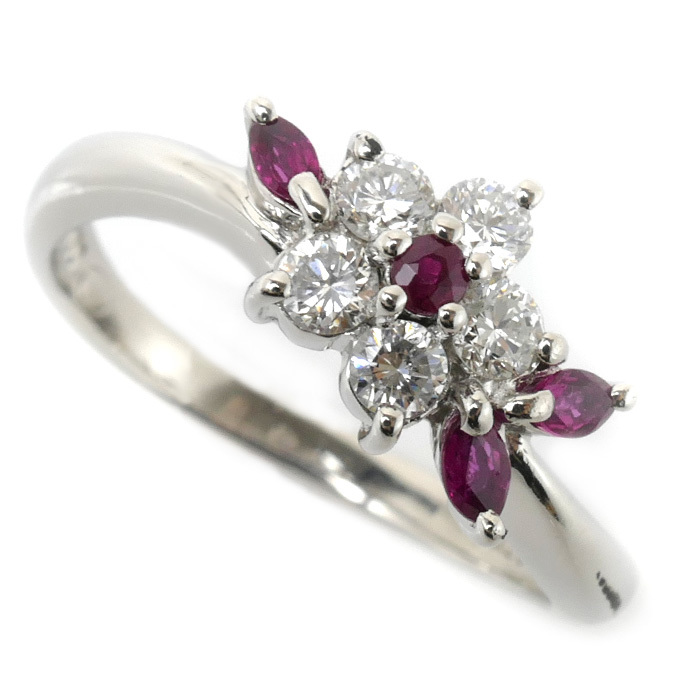 【値下げ】 Pt900プラチナ 中古 レディース 4.9g 16号 ルビー0.28ct ダイヤ0.39ct リング・指輪 フラワーモチーフ プラチナ台