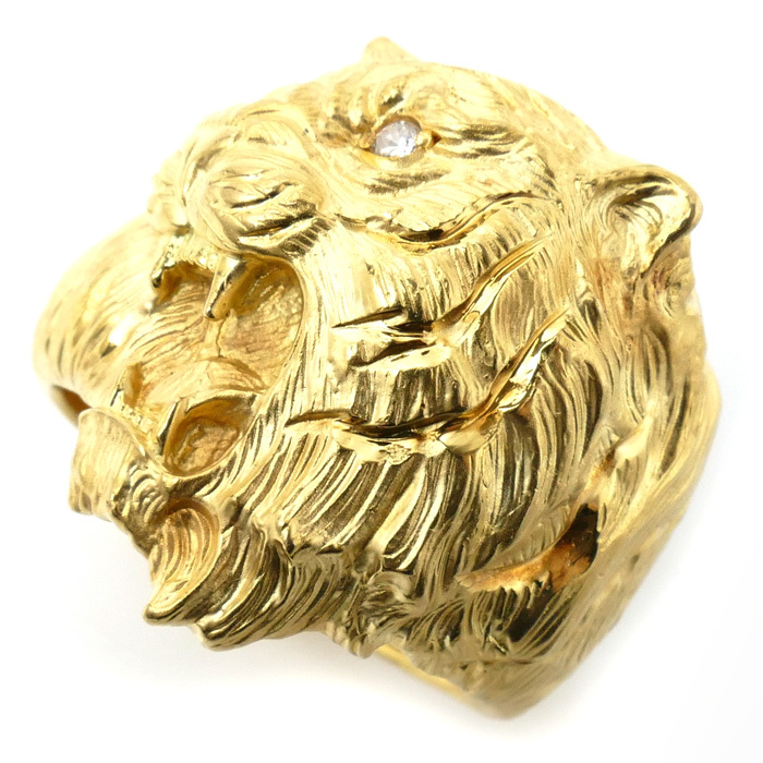 【感謝価格】 K18YG イエローゴールド 美品 中古 メンズ 21.3g 24号 ダイヤモンド0.05ct リング・指輪 虎 トラ ゴールド