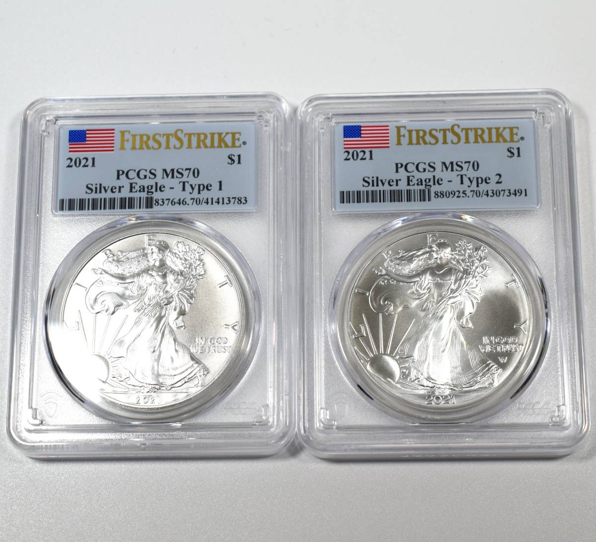 【★最高鑑定★デザイン変更年度の2枚セット】2021年 シルバーイーグル PCGS MS70 Firast Strike Type1＆Type2枚セット 銀貨 アメリカ_画像1