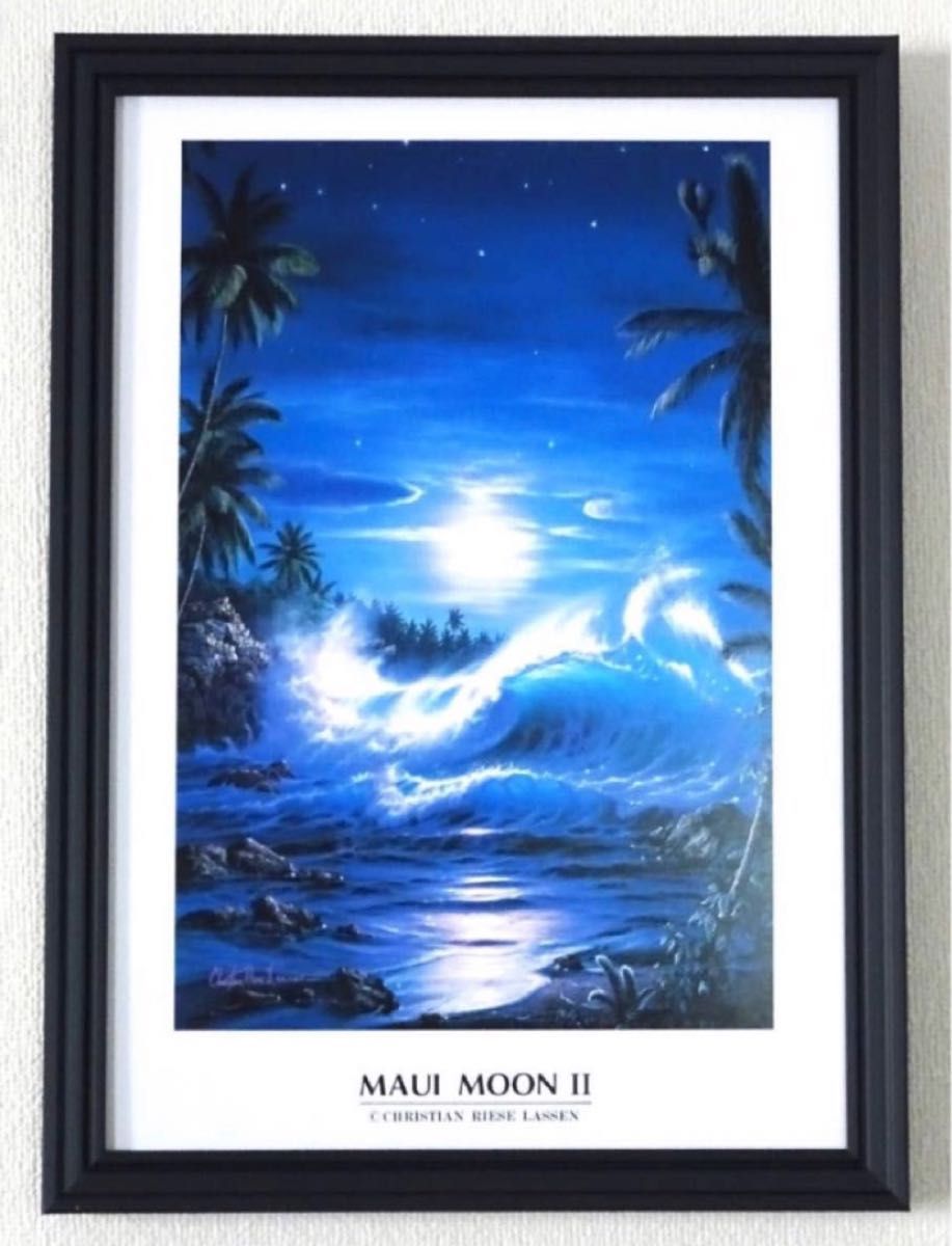 クリスチャン・リース・ラッセン『 MAUI MOON Ⅱ 』A4 オフセット印刷 簡易額入 マウイムーン 海 マウイ 月 夜