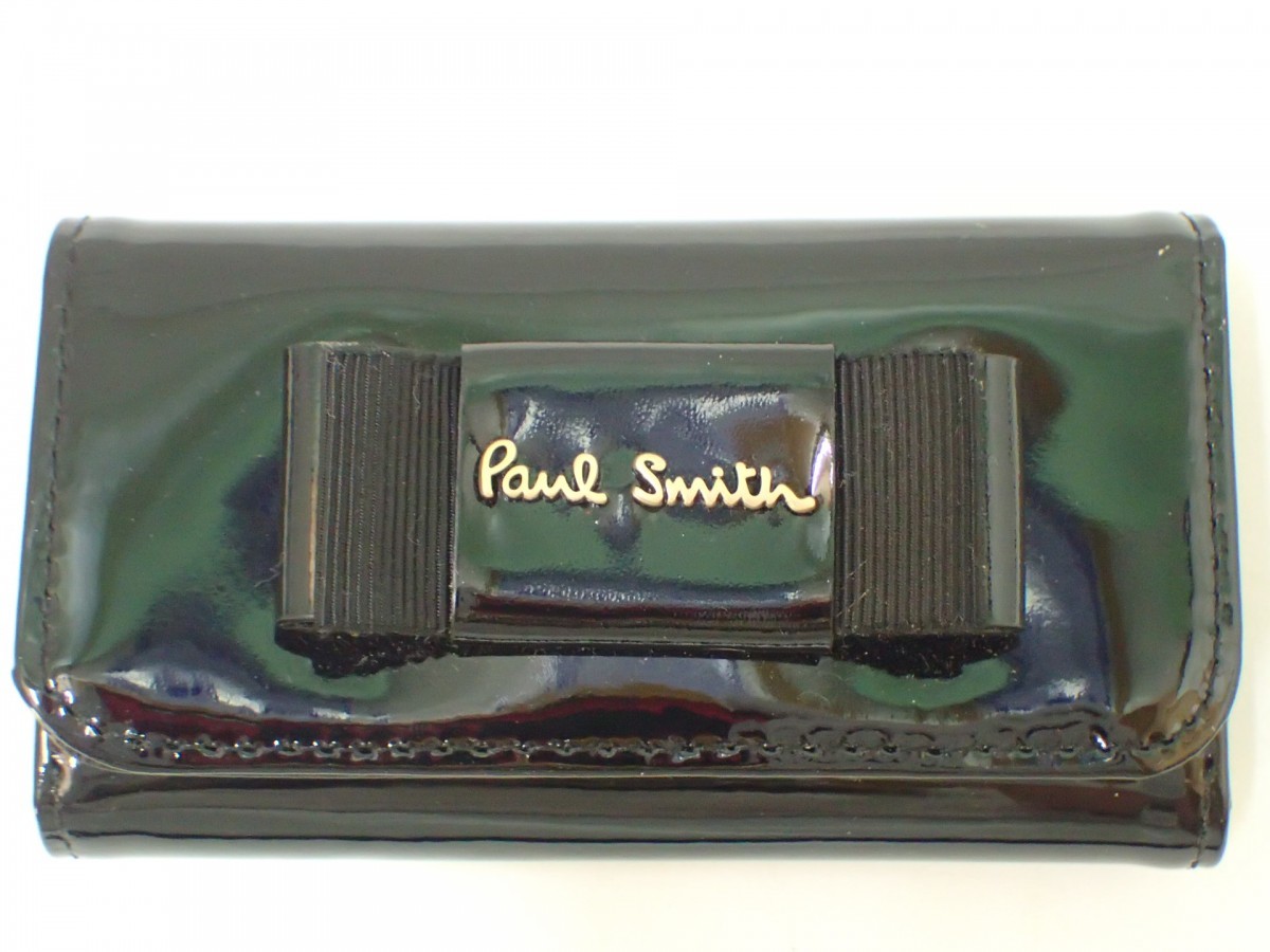 k4332 / 未使用 極美品 Paul smith ポールスミス エナメル 4連 キーケース リボン 黒 ブラック ゴールド レザー カード タグ付 現状品_画像1