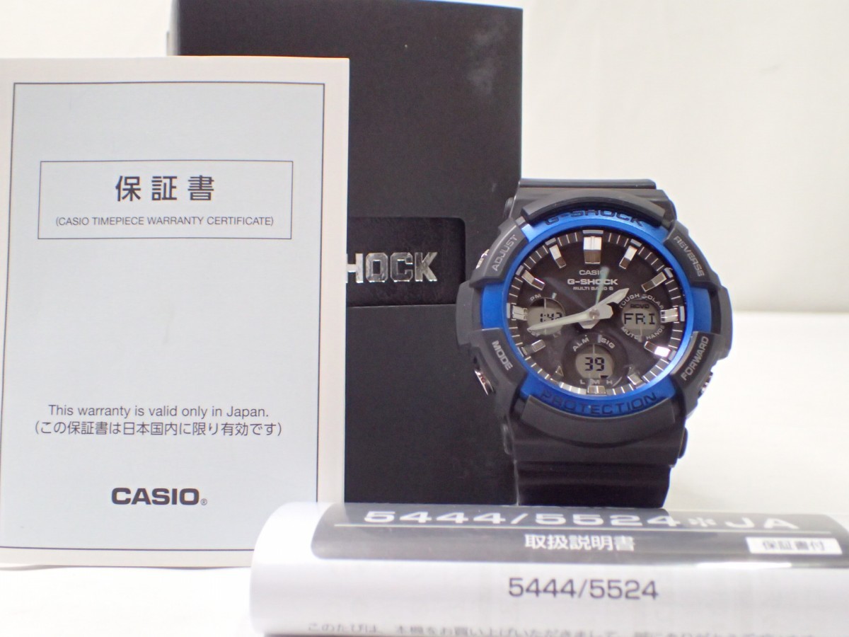 m2105 / CASIO カシオ G-SHOCK Gショック 5444 GAW-100B MULTI BAND 黒文字盤 ブルー 電波ソーラー 箱付 メンズ 腕時計 現状品 稼働品_画像1