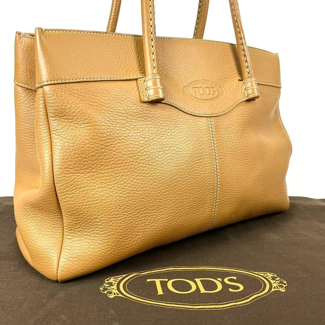 1円 美品 TOD’S トッズ モカシーノ レザー トートバッグ ハンドバッグ ロゴ型押し シボ革 キャメル 保存袋付 A4収納 レディース 肩掛け可_画像1