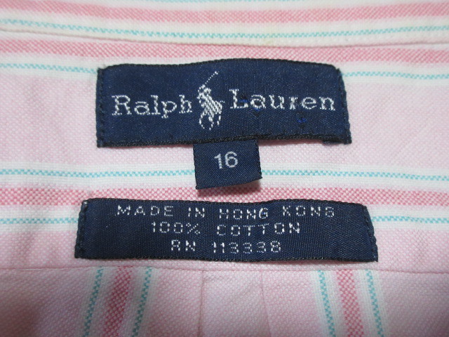 Ralph Lauren　ラルフローレン　長袖BDシャツ　ピンク/ホワイト・グリーン・コーラルレッド/ストライプ　16　綿100%　予備釦２_⑥ 織りネーム&サイズ表示