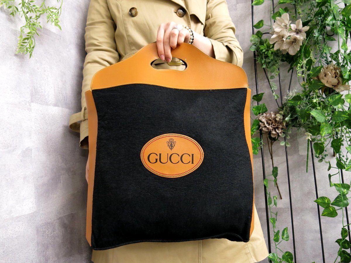 ●超美品●GUCCI オールド グッチ●ウール レーヨン カーフ レザー 本革●ハンド バッグ●黒 キャラメル●A4 書類 収納●かばん●Js43413_画像2