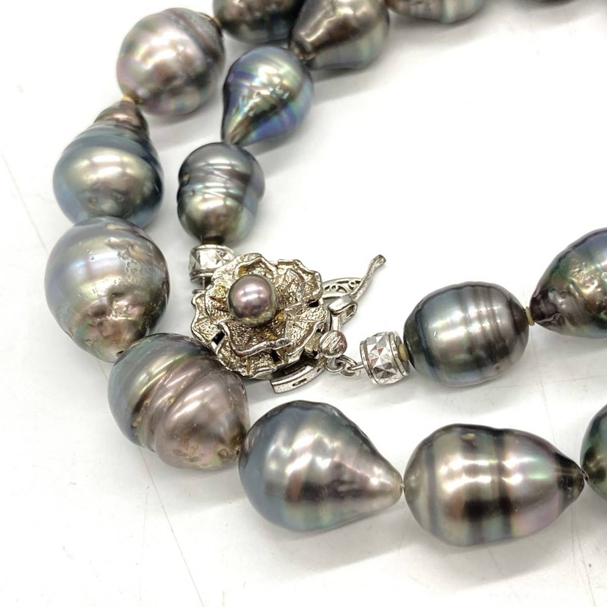 大珠!!■南洋黒蝶真珠ネックレス■j重量約76.5g 約10~13.5mm パール 黒真珠 pearl necklace jewelry accessory silver EB5