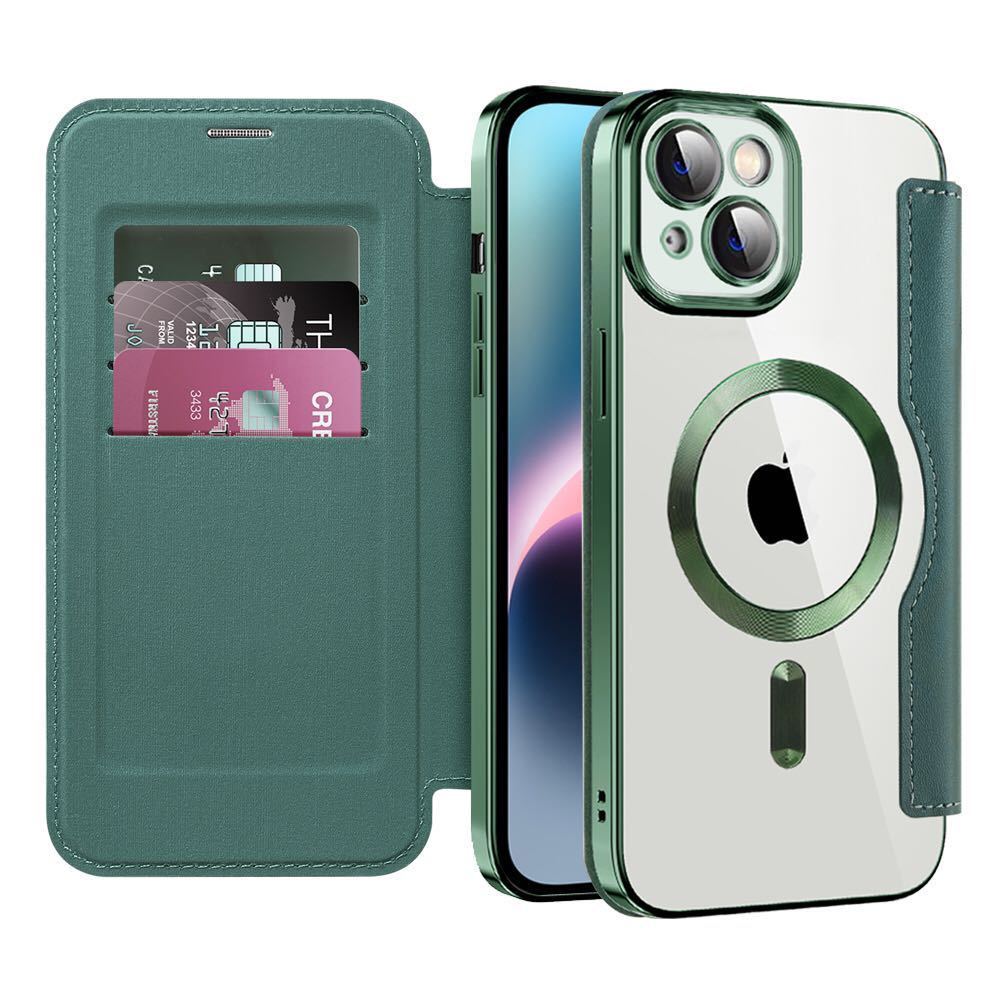 即決iPhone 15 plus ケース 手帳型 MagSafe対応 背面透明 クリア アイフォン15 プラス ケース 格子柄 ゴージャス カード収納 財布型