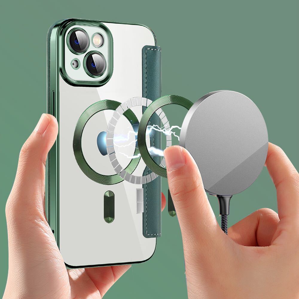 即決iPhone 14 キルティングケース アイフォン14 クリア レザーケース iPhone14 カバー 透明 MagSafe充電 手帳型 グリーンの画像8