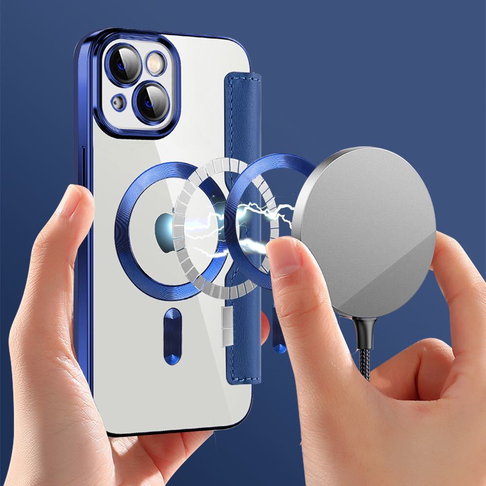 iPhone 14 plus ケース 手帳型 MagSafe対応 背面透明 クリア アイフォン14 プラス ケース 格子柄 ゴージャス カード収納 財布型ブルー_画像4