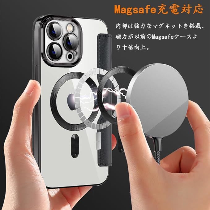 iPhone 15 pro レザーケース アイフォン15 プロ クリアケース iPhone15 pro カバー 透明 カード収納 MagSafe充電 手帳型 ブラック