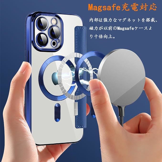 iPhone 14 pro レザーケース アイフォン14 プロ　クリアケース iPhone14 pro カバー 透明 カード収納 MagSafe充電 手帳型 ブルー_画像2