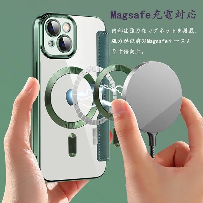 即決iPhone 13 レザーケース アイフォン14 クリアケース iPhone13 カバー 透明 カード収納 MagSafe充電 手帳型 グリーン_画像3