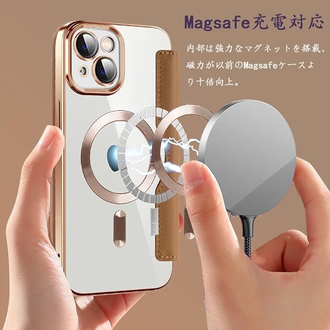 即決iPhone 14 クリアケース アイフォン14 レザーケース iPhone 14 カバー 透明 MagSafe充電 手帳型 ブラウン