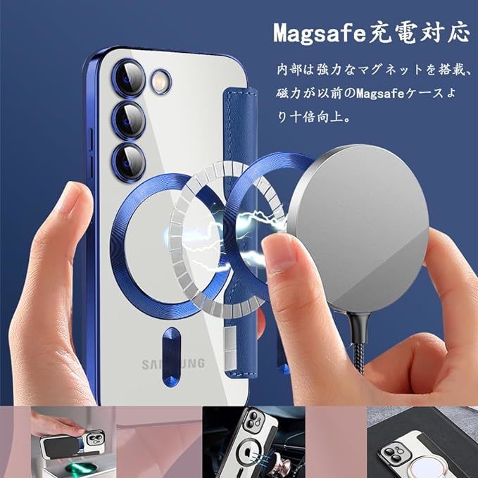 即決Galaxy S24+ Galaxy S24Plus レザーケース ギャラクシー s24 プラス クリアケース 透明 MagSafe充電 手帳型ブルー