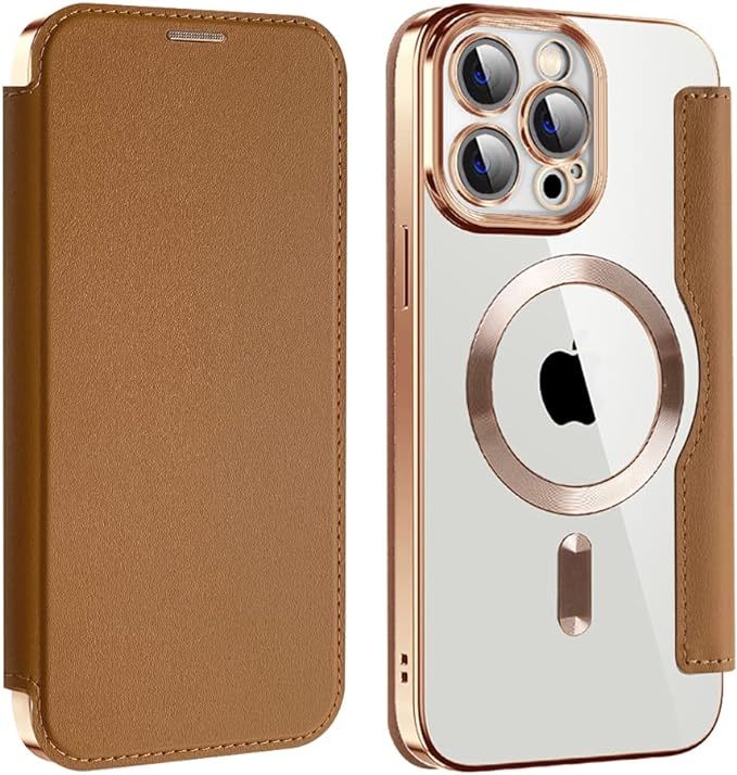 即決iPhone 12 pro クリアケース アイフォン12 プロ レザーケース iPhone 12 pro カバー 透明 MagSafe充電 手帳型 ブラウン