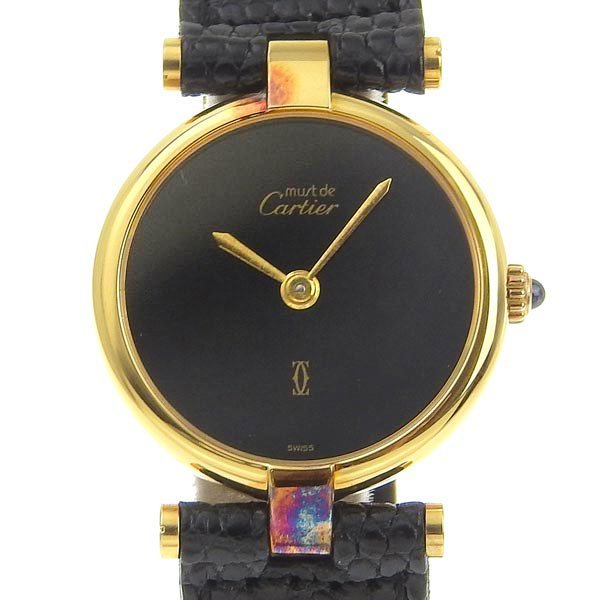 1円 不動 ジャンク カルティエ CARTIER クオーツ ヴァンドーム ヴェルメイユ 黒文字盤 SV925(GP)×レザー レディース 腕時計_画像1