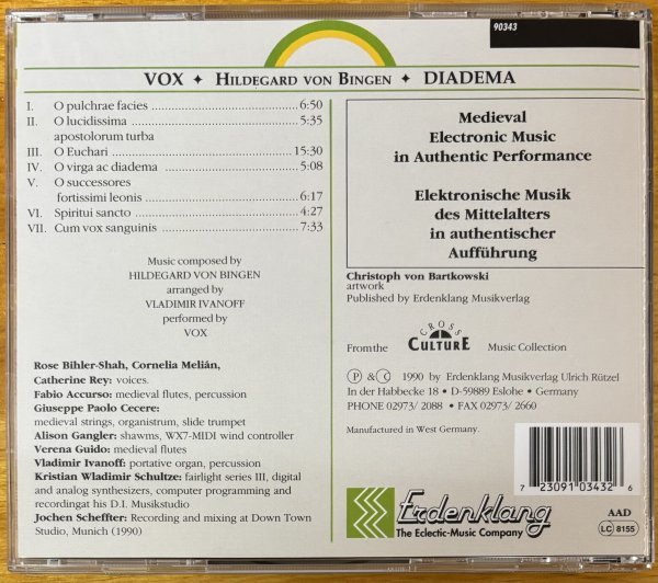 ◎VOX /Diadema -Hildegard Von Bingen (Contemporary Vocal/Instrumental Ensemble/中世音楽/Healing)※独CD【ERDENKLANG 90343】90/8発売_画像2