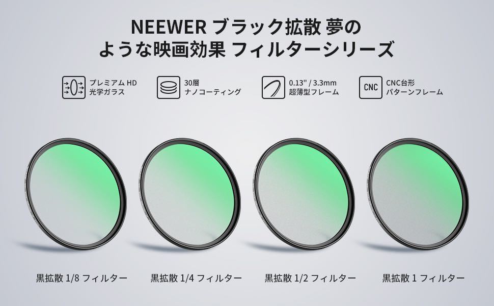 NEEWER 52mm ブラック拡散 1/4 フィルター 夢のような映画効果 超薄型カメラレンズフィルター HD光学ガラス 30層ナノコーティング ビデオ_画像9