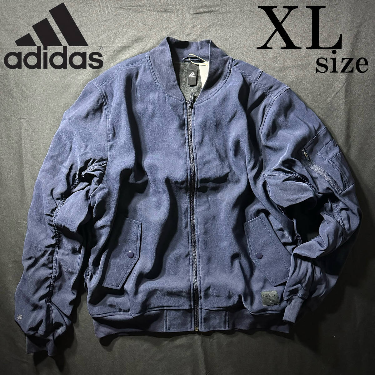 1円~ adidas アディダス ID2.0 ボンバージャケット XLsize 紺 ネイビー ウェア 伸縮性 ゆるい 秋 冬 保温 アウター ゴルフ 裏起毛 パーカー_画像1