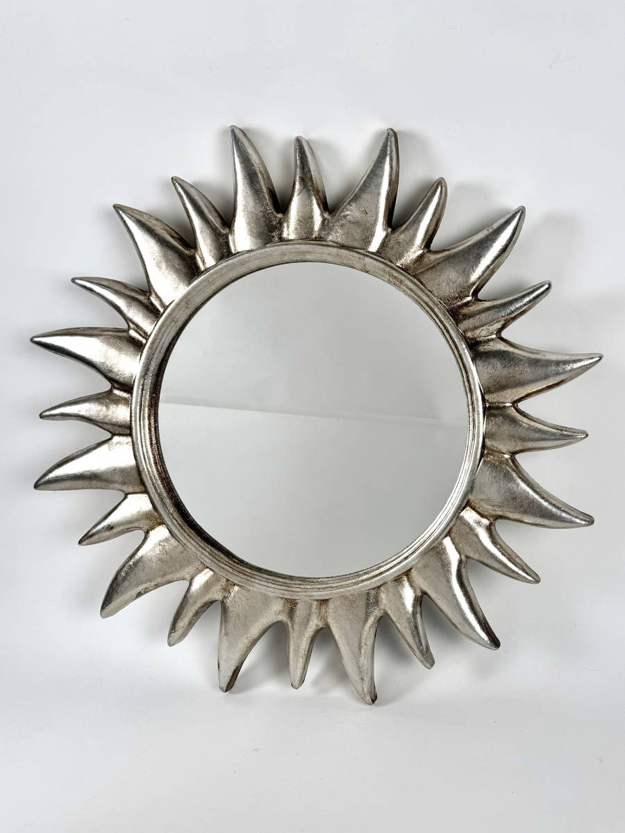 イタリア製★太陽の鏡 ウォールミラー 直径45㎝ 壁掛け 鏡 アンティークシルバー 銀 ウッドフレーム ヴィンテージ インテリア 姿見 職人 匠の画像1