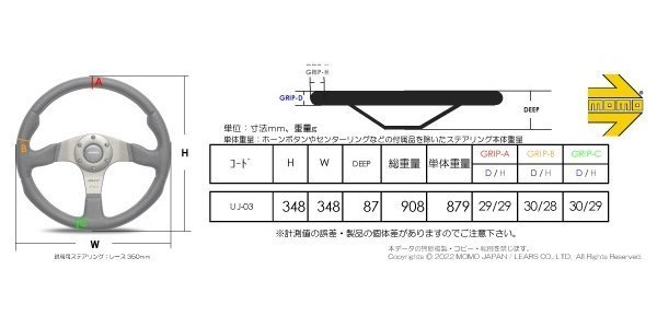 【MOMO/正規品】★ウルトラ ジャパン ブラック レザー/レッドスポーク ステアリング (UJ-03)★350mm/DEEP 87mm MOMOレーザーマーキング_※サイズ画像（参考）