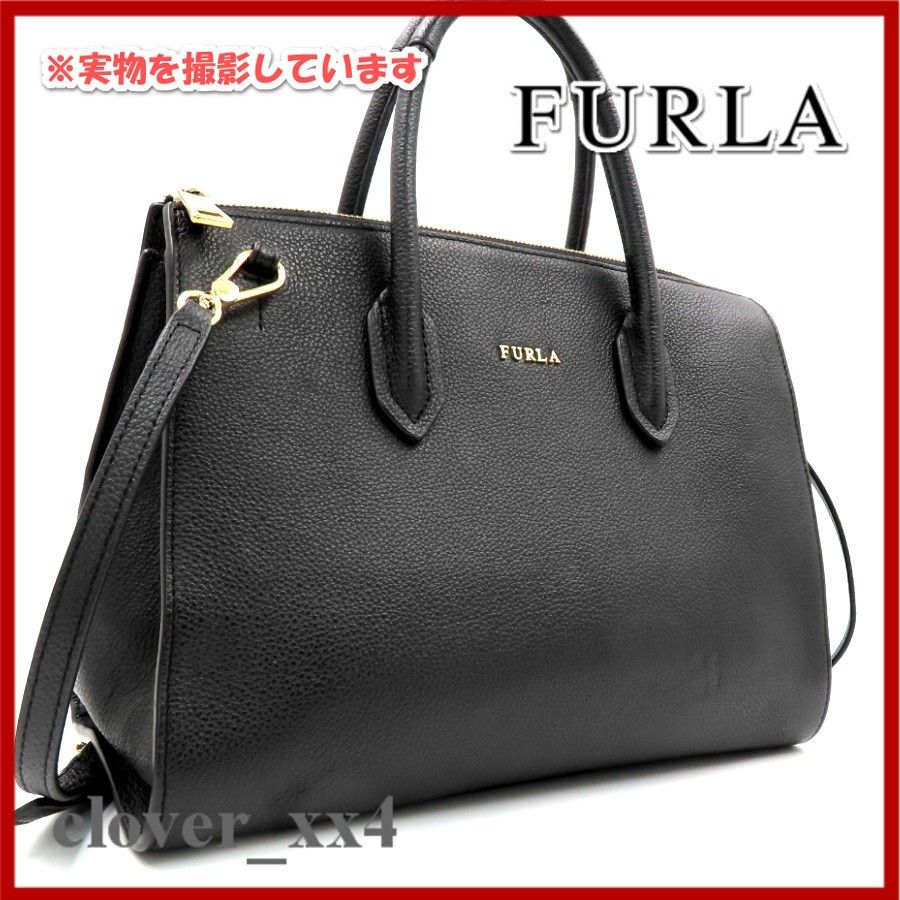 【美品】 フルラ ショルダーバッグ ブラック FURLA 2way ハンドバッグ 黒 レザー