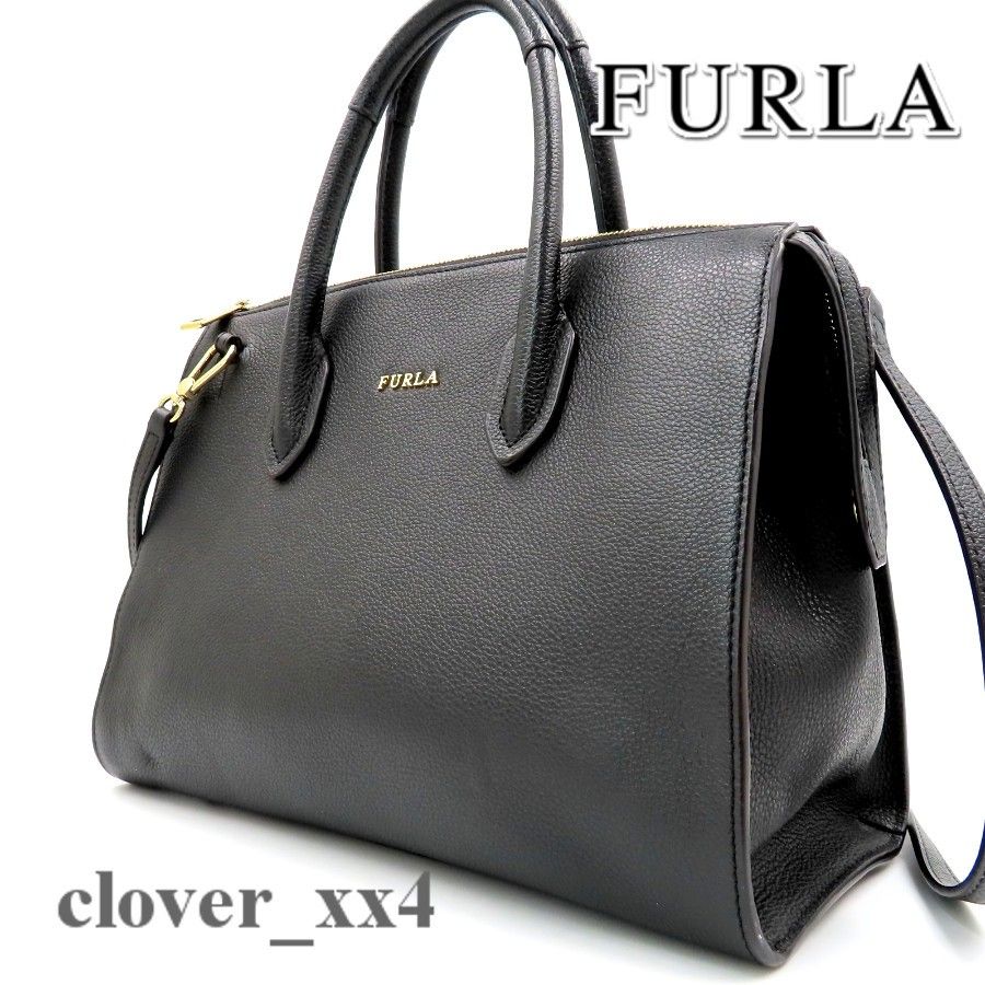 【美品】 フルラ ショルダーバッグ ブラック FURLA 2way ハンドバッグ 黒 レザー