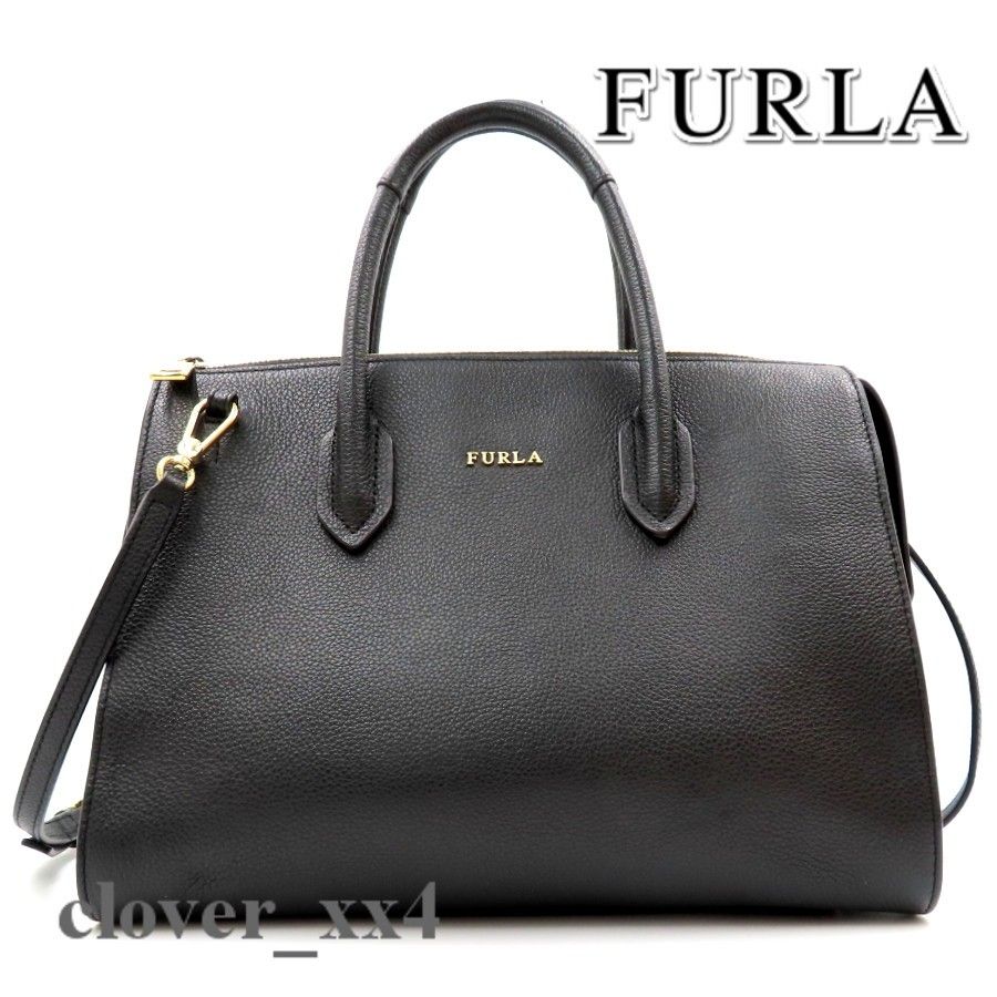 【美品】 フルラ ショルダーバッグ ブラック FURLA 2way ハンドバッグ 黒 レザー