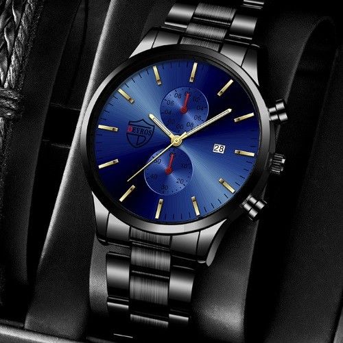 ブラック青　メンズカジュアル腕時計クォーツ電池式ビジネスシンプルカレンダーデイト黒 ブルー 日本未発売