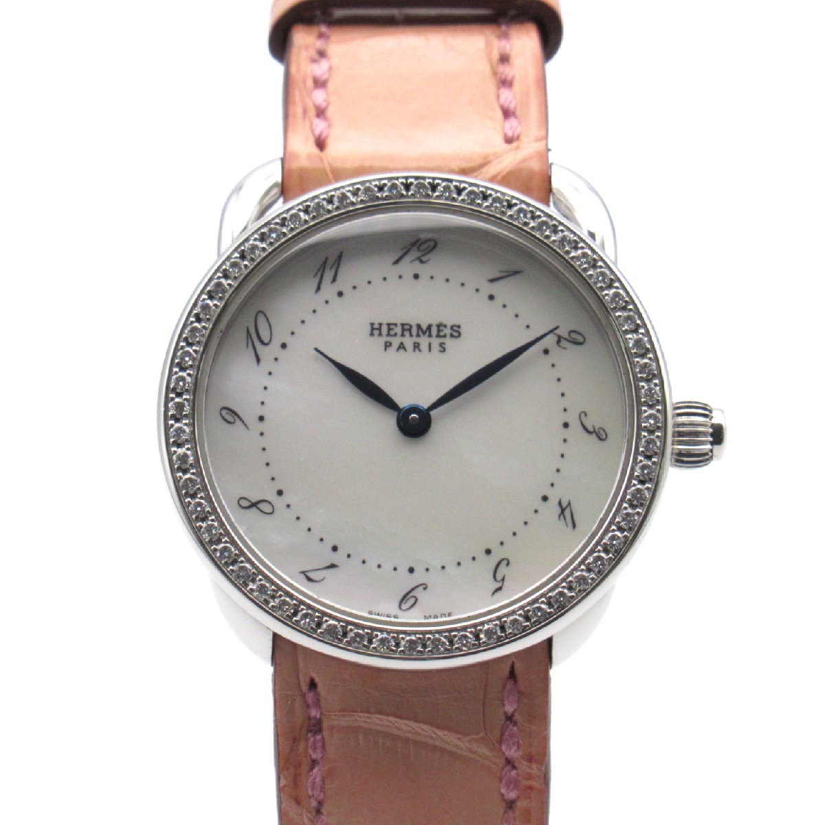 HERMES エルメス 腕時計 アルソー ベゼルダイヤ ホワイト系 ステンレススチール クロコ革 中古 レディース